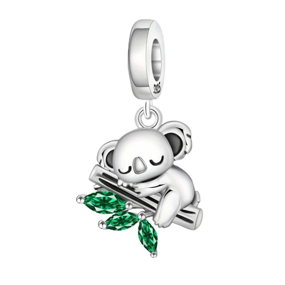 Women’s 925 Sterling Silver Sleeping Koala Charm with Green CZ Leaves - NWT - Picture 1 of 6